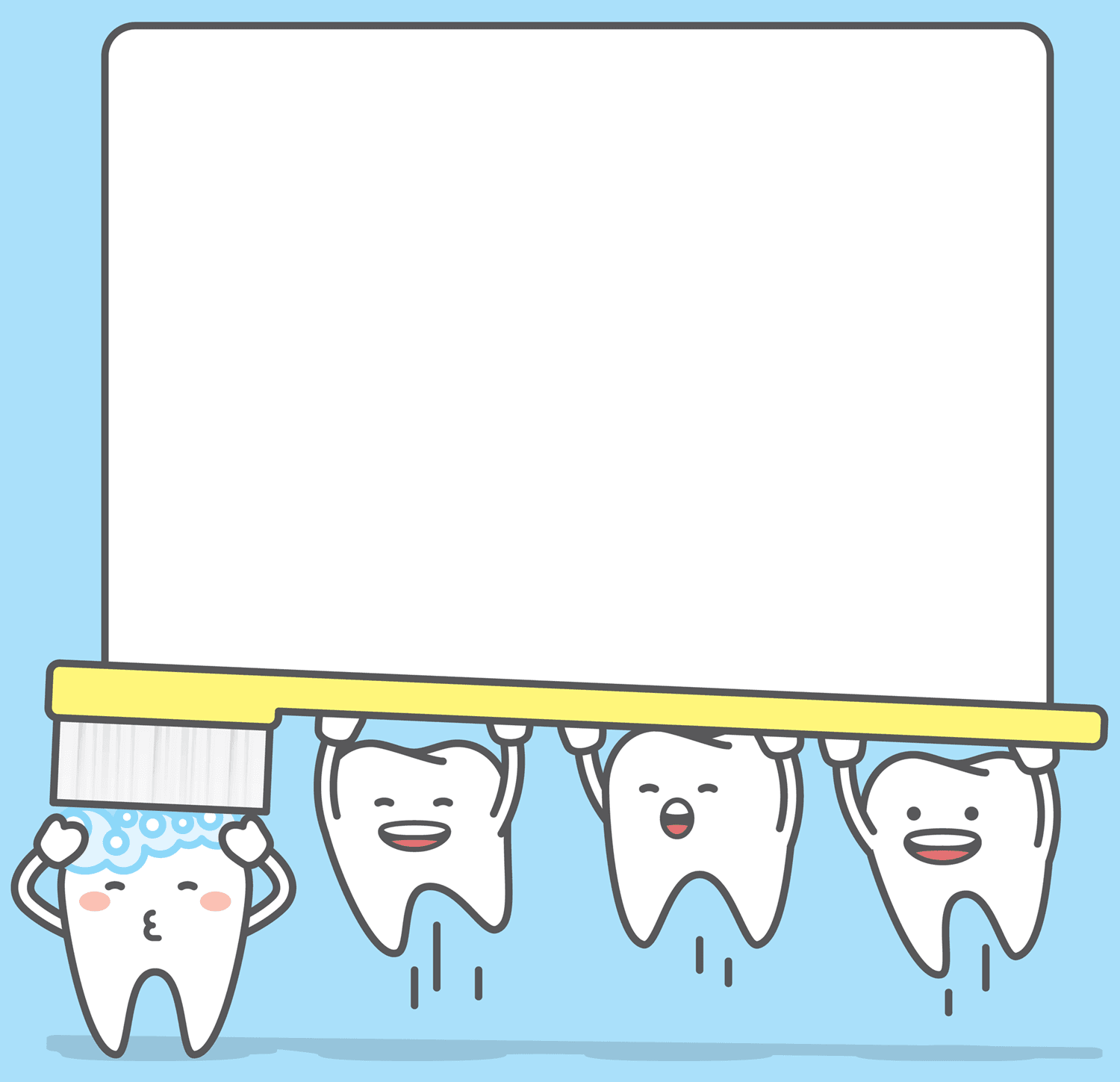 Cute Cartoon Teeth with Toothbrush Frame – Dentist in Delano CA Illustration of happy cartoon teeth holding up a blank whiteboard with a toothbrush, featuring a foamy tooth being brushed – Dentist in Delano CA.